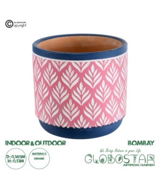 GloboStar® Artificial Garden BOMBAY 20521 Διακοσμητικό Κεραμικό Κασπώ Γλάστρα - Flower Pot Ροζ με Λευκό και Μπλε Φ14.5 x Υ13cm